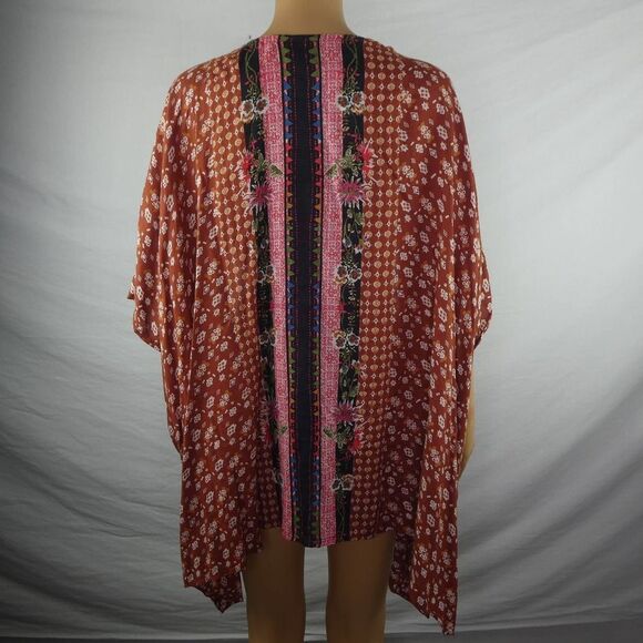 Angie Boho Open Front Rust Brown Orange Kimono Robe Batwing Sleeve Large Floral - Picture 9 of 9